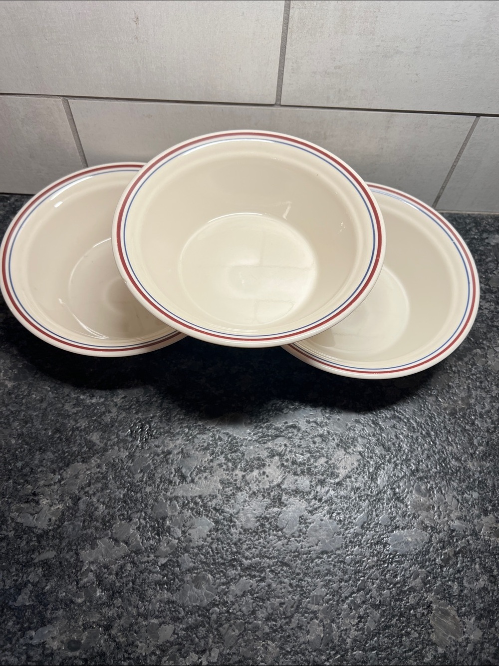 Cream Ceramic Bowl with Red and Blue Rim - Set of 3